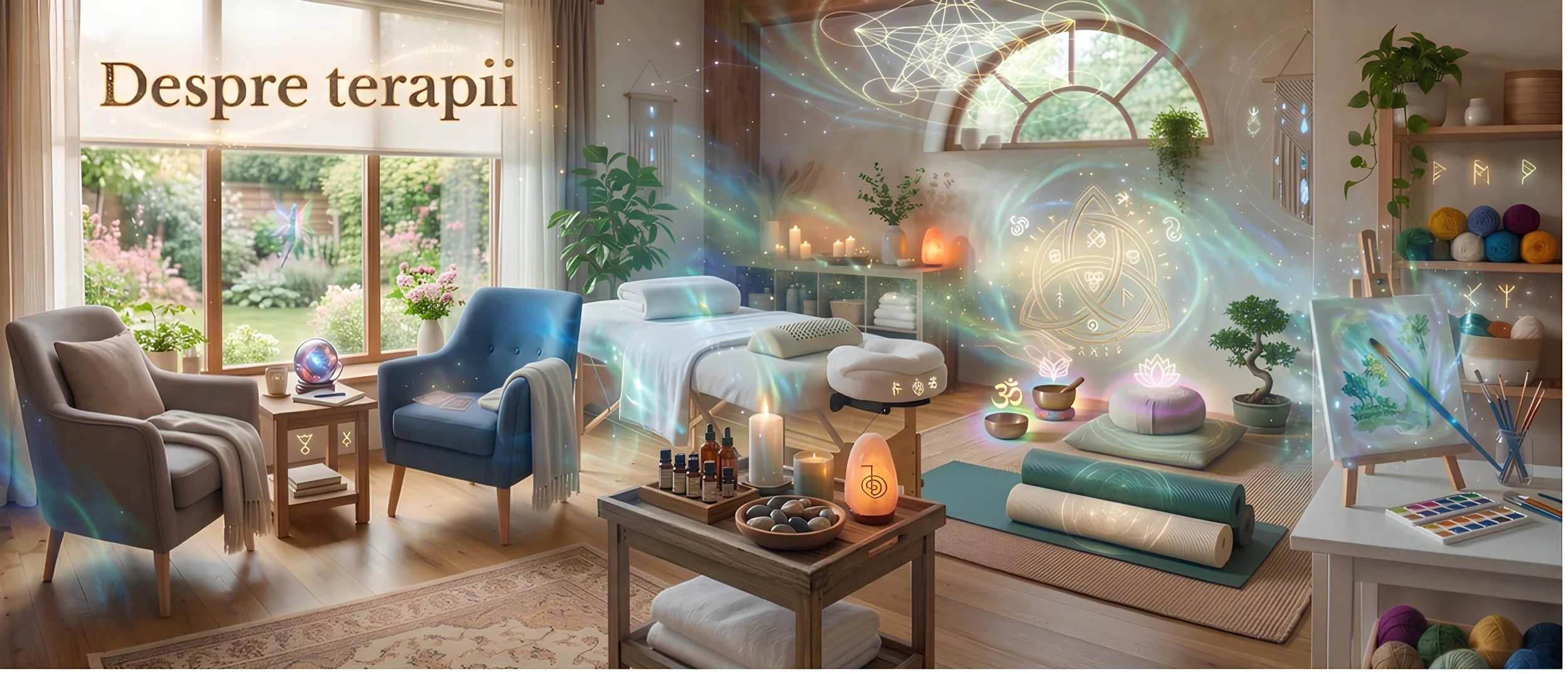 A cozy wellness room with a massage bed, yoga mats, and art supplies, decorated with plants, candles, and spiritual symbols, with glowing mystical overlays.