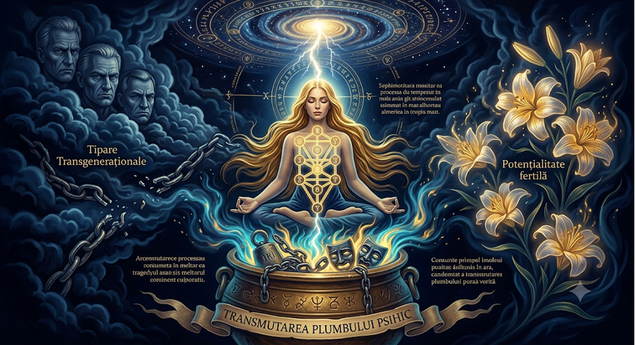 A mystical illustration depicting a woman sitting in a ritualistic scene with a laptop, surrounded by symbols, flowers, and mystical elements. She symbolizes spiritual transmutation, with bright light and celestial themes above her. Faces in the clouds, chains, and Latin inscriptions are present, suggesting themes of transformation, fertility, and wisdom.