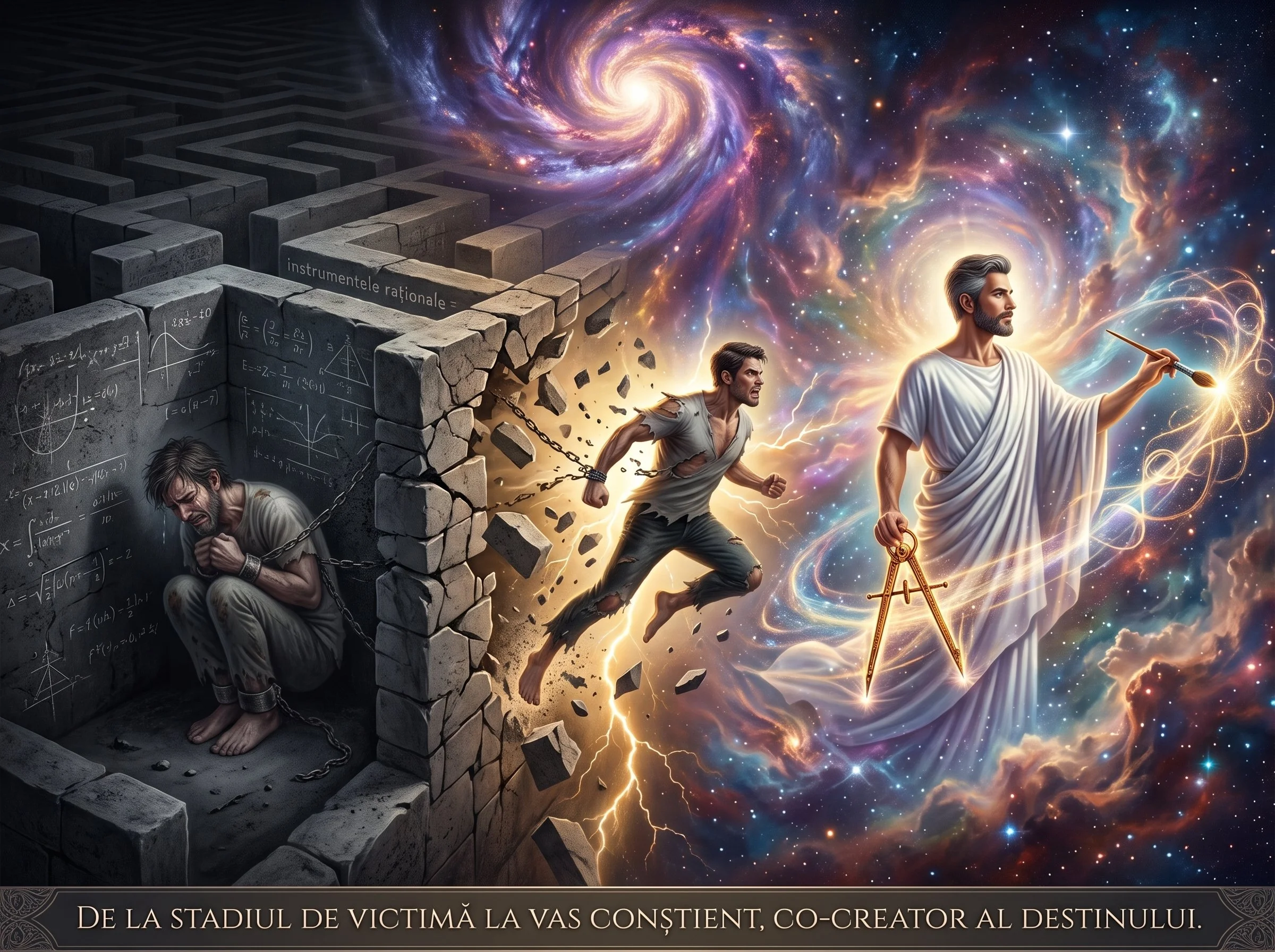 A surreal digital artwork depicting a cosmic scene with swirling galaxies and stars. On the left, there are broken stone bricks with mathematical equations written on them, and a man with a chain around his neck sitting inside a small room made of bricks. The room appears to be breaking apart. To the right, a man in ancient attire stands confidently, holding a staff with a compass and a glowing orb, surrounded by bright energy. The background features vivid cosmic colors, cosmic clouds, and stars, symbolizing the universe and creation.
