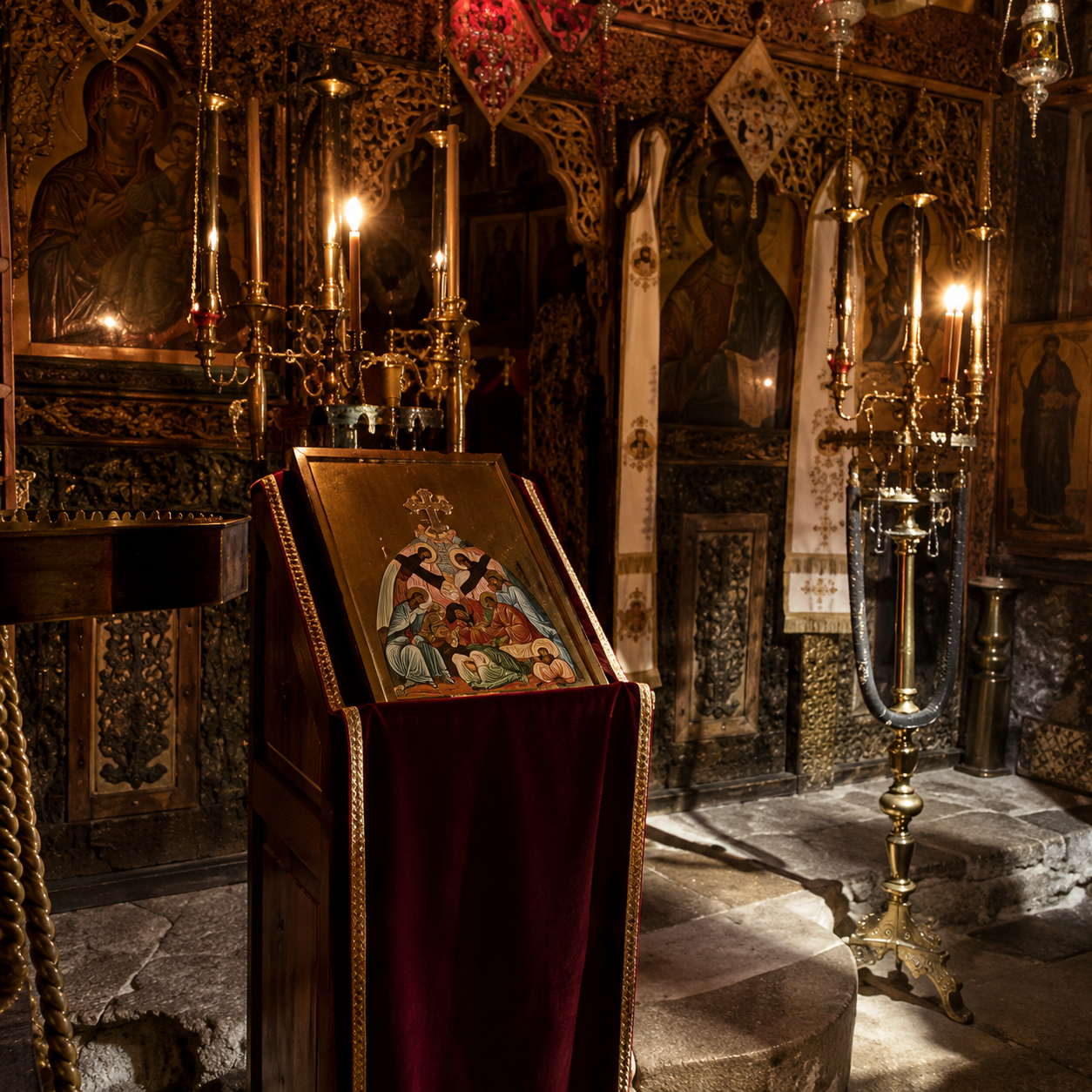 An ornate religious altar within a church, featuring icons, gold candelabras with lit candles, and religious paintings depicting saints and Jesus Christ, all illuminated by warm candlelight and traditional decorations.