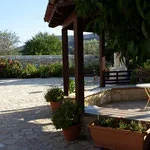 Outdoor patio area with a covered seating area, a swing, and potted plants, with trees and mountains in the background.
