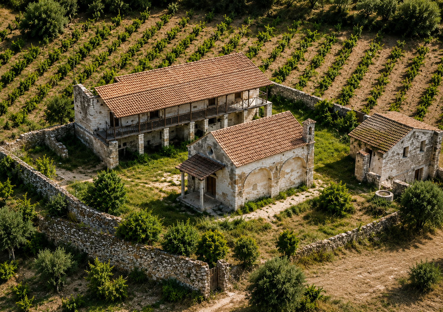 Aerial view of old stone buildings with red tile roofs, surrounded by a garden with trees and separated from a vineyard by a stone wall.