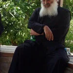 A person with a long white beard sitting outdoors surrounded by greenery.