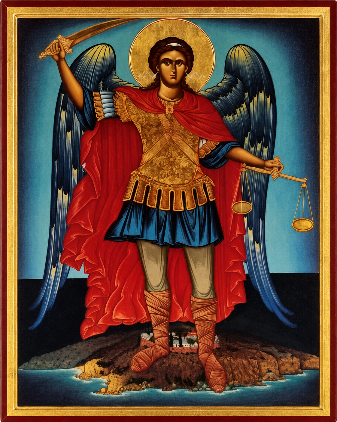 Religious icon of Saint Michael the Archangel with large blue and black wings, dressed in ornate armor, holding a sword in one hand and scales in the other, standing over an island landscape with a church and coastline.