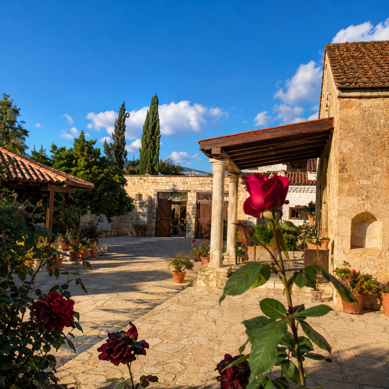 A sunny courtyard with stone buildings and a blue sky, featuring blooming roses and potted plants.