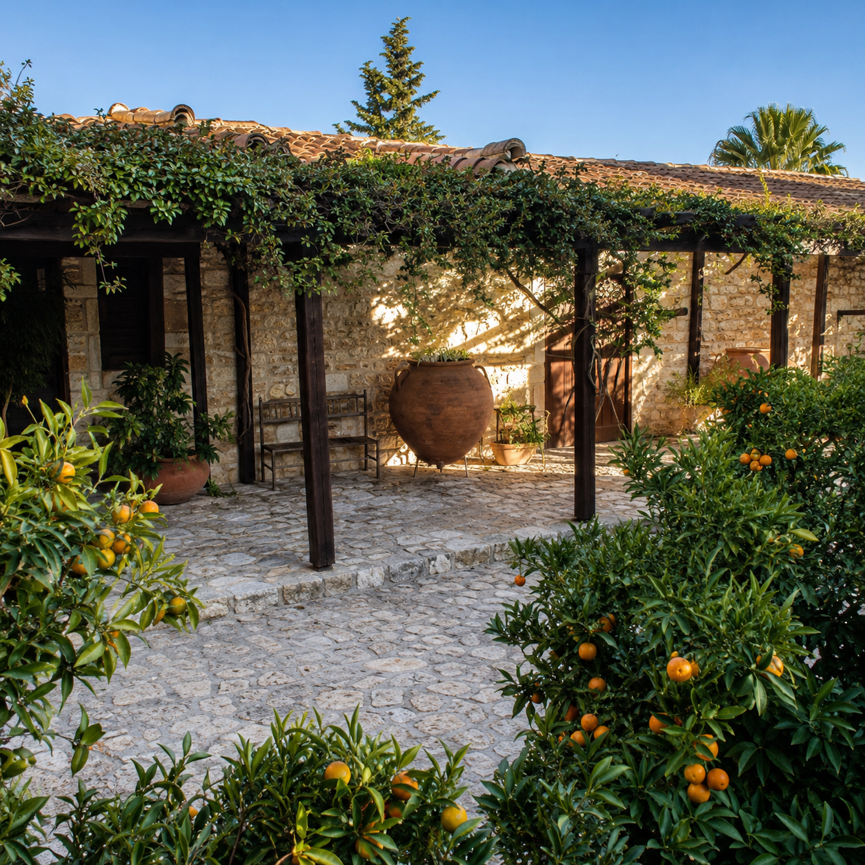 Stone patio with potted plants, orange trees, a rustic terracotta pot, and a stone house with wooden beams and an overgrown vine on the porch, under a clear blue sky.