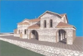 Stone church with arched entrance and multiple small windows, set against a clear blue sky.