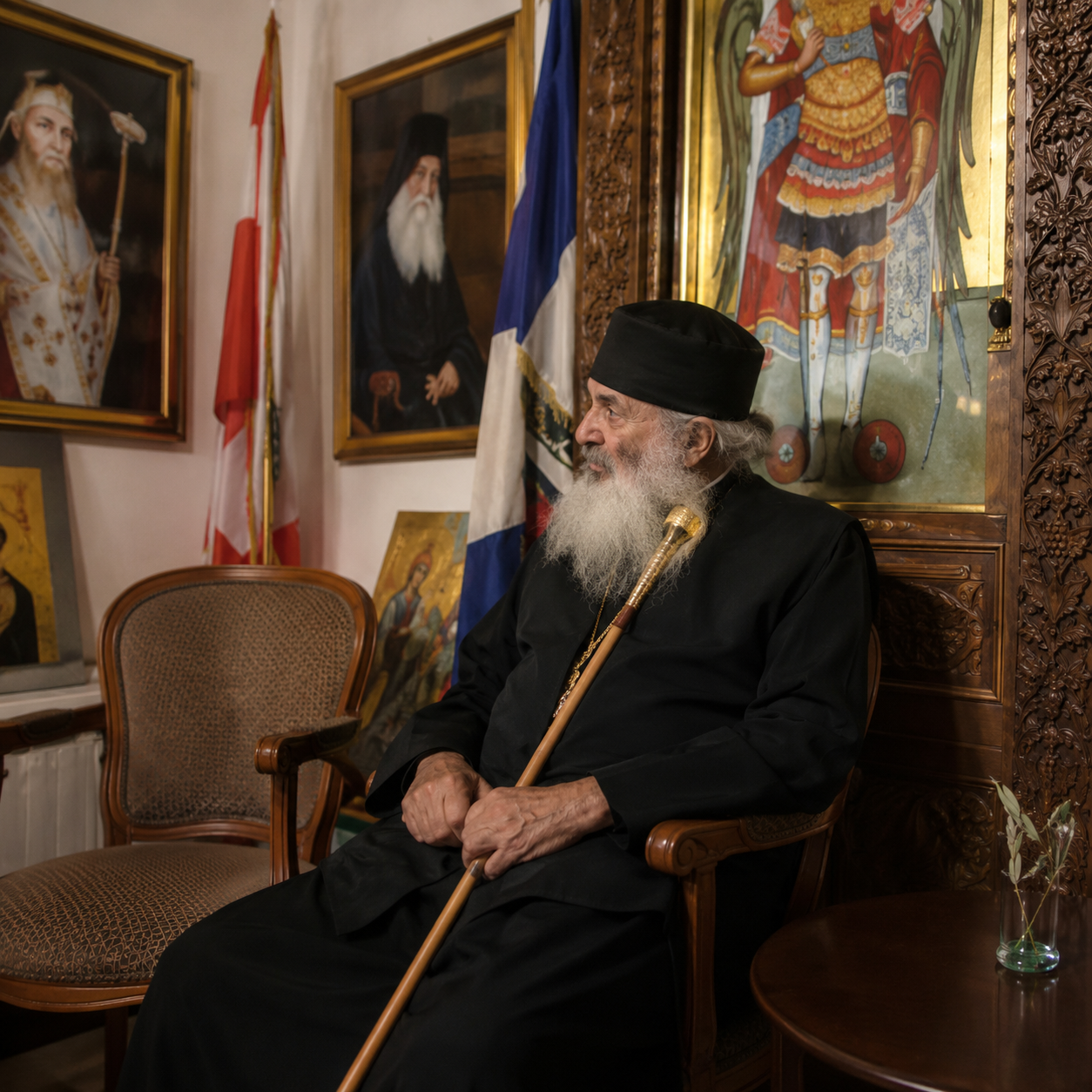 An elderly man with a long white beard, dressed in black religious attire, sits in a wooden chair holding a staff. He is in a room decorated with religious paintings and icons, including portraits of saints and religious figures on the wall behind hi