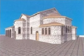 A stone church with multiple rounded and rectangular sections, narrow windows, and a blue sky background.