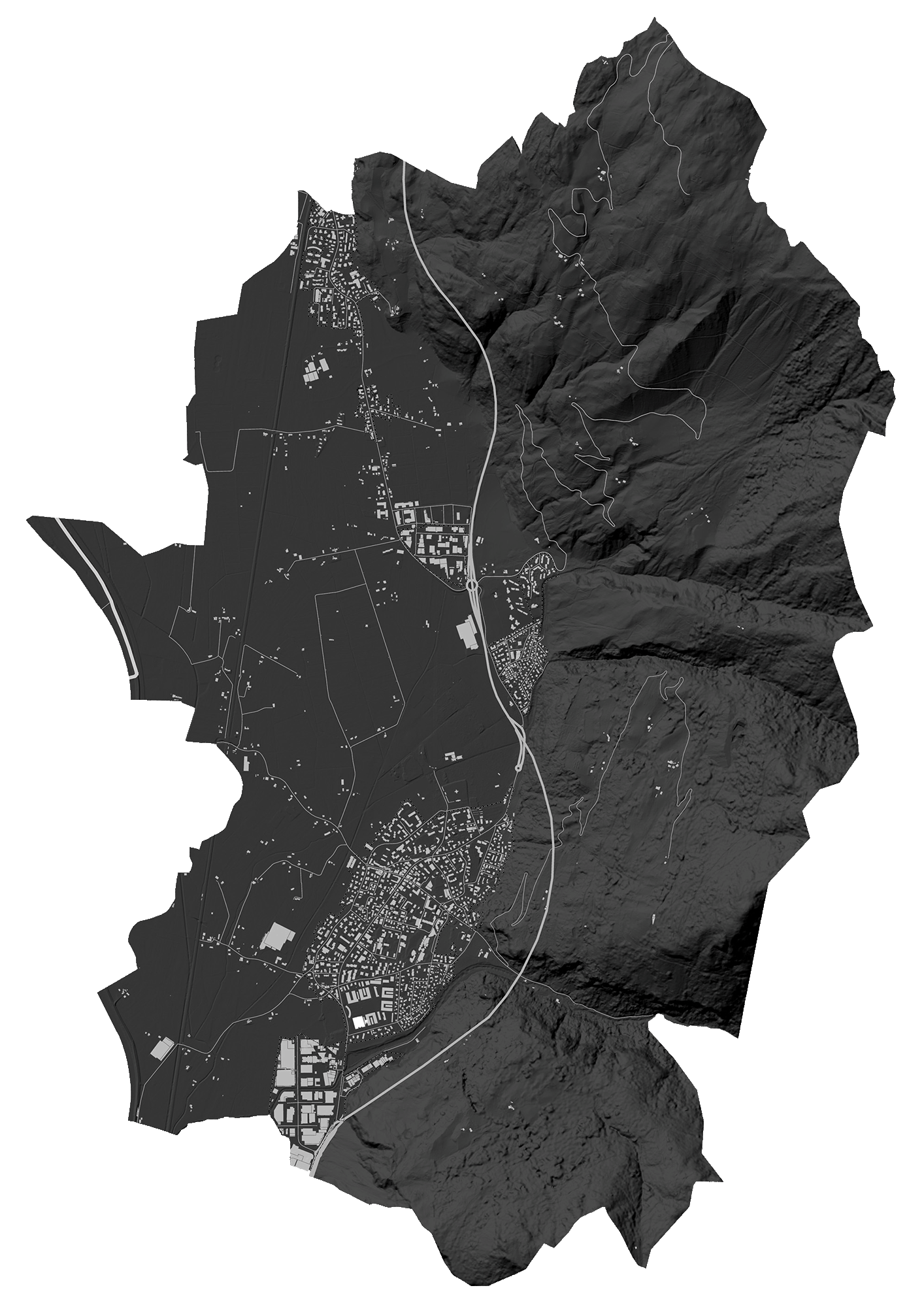 Carta topografica del territorio di Laives: una zona montuosa con strade e insediamenti urbani in basso, e rilievi montuosi in alto. La mappa utilizza colori scuri, con linee bianche per le strade e dettagli neri per la topografia.
