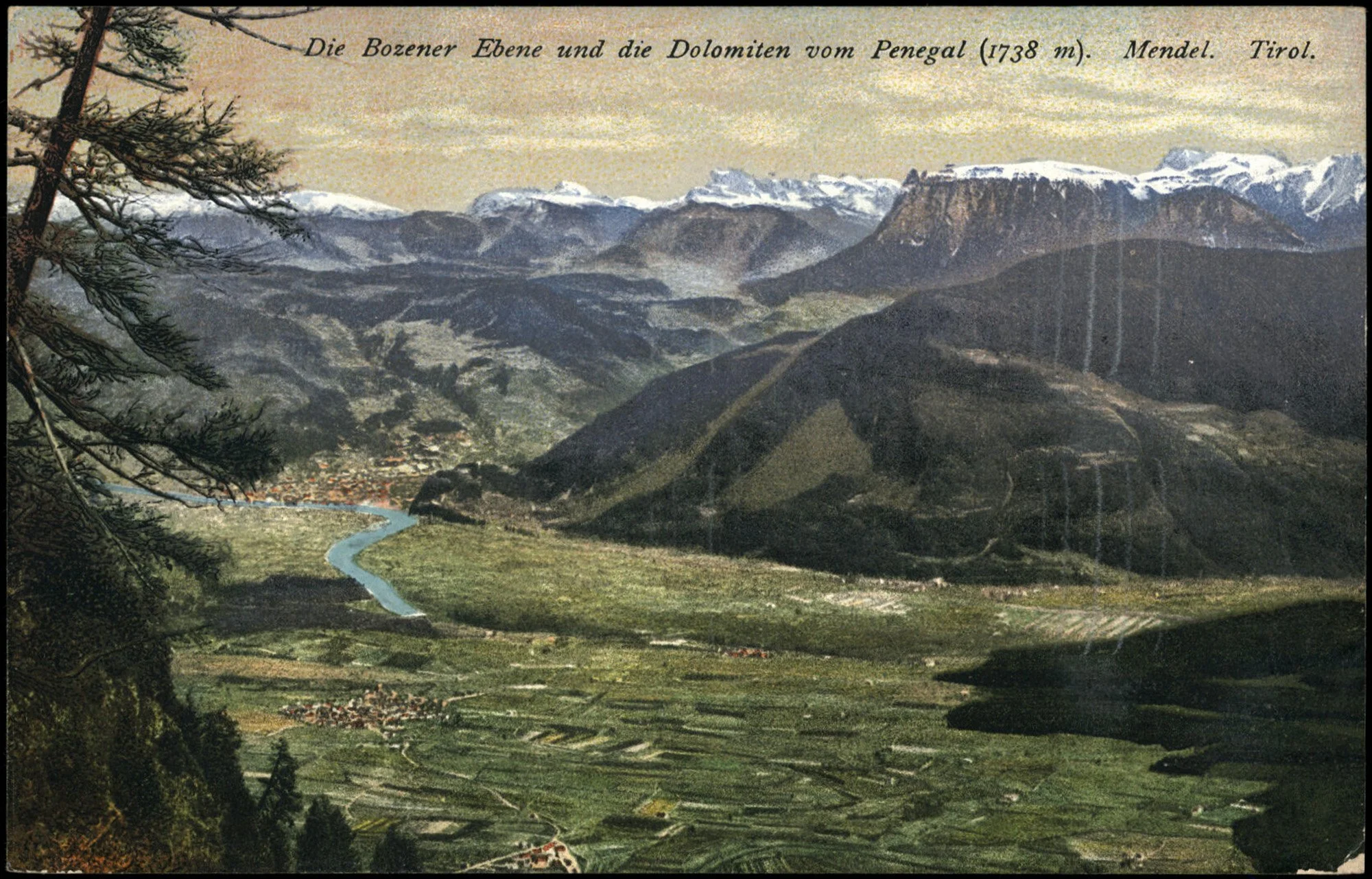 Paesaggio montano con le Dolomiti e il Penegal, una valle con un fiume e piccoli insediamenti, alberi in primo piano, nuvole nel cielo.