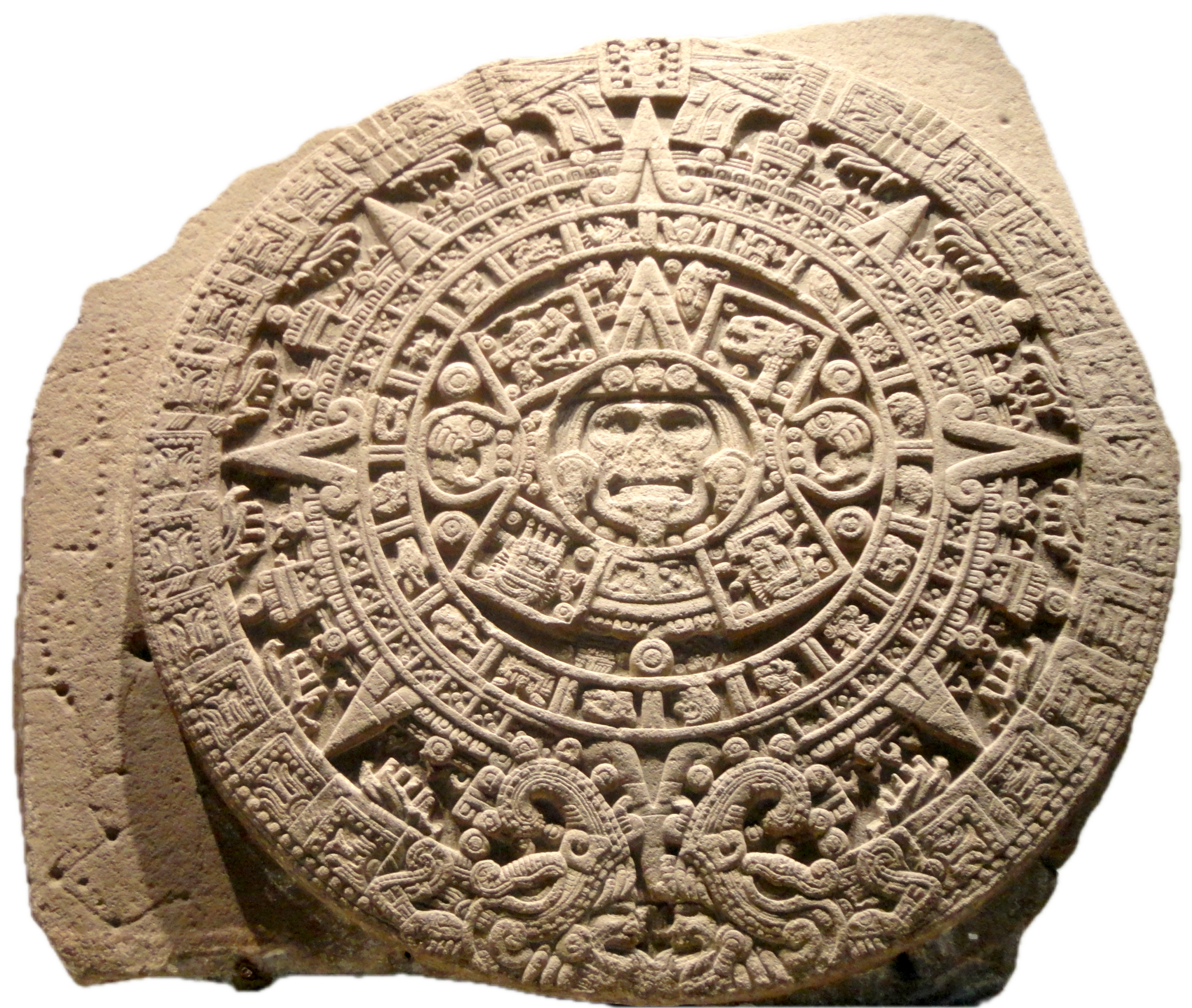La Pierre du Soleil : pierre sculptée de 3,59 m de diamètre, d’un poids de 25 tonnes. Elle date de l’époque d’Axayacatl, sixième roi aztèque. Elle se trouve sur la pyramide double de Tenochtitlan.Codex, Borgia, page 11
