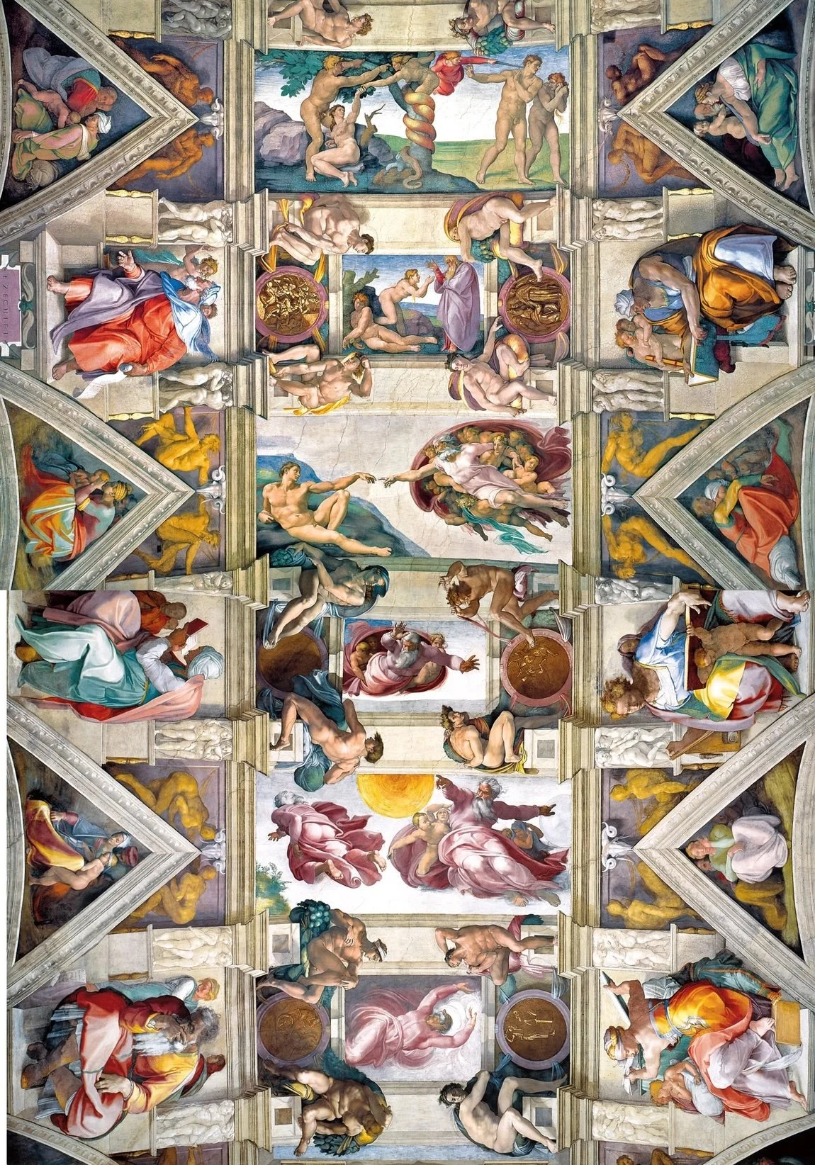 Le plafond de la chapelle Sixtine, peint par Michel-Ange entre 1508 et 1512.
Michel-Ange représente neuf scènes de la Genèse, le premier livre de la Bible. Les neuf compositions centrales se divisent en trois sections qui représentent :
- la création