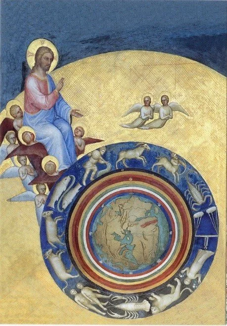 Cieux concentriques au Moyen Age.Gravure coloriée par Blandine Lemoine, 1993, original au Deutsches Museum, Munich coll. Carmen © Explorer