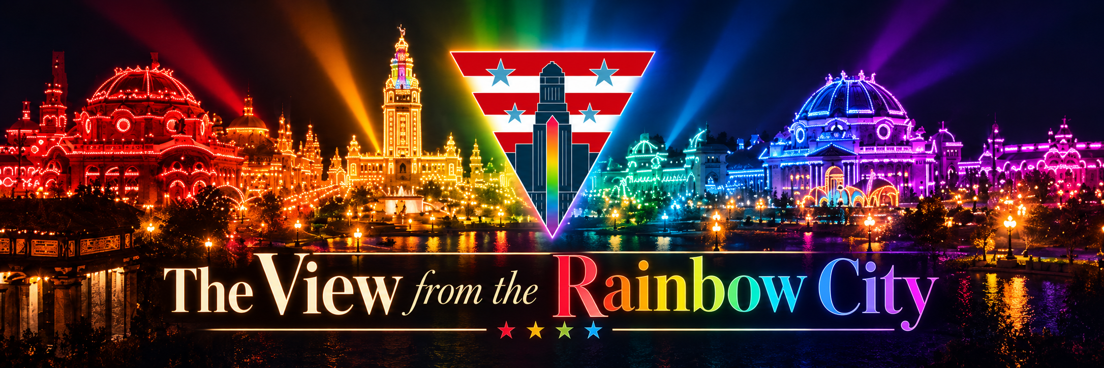 The View from the Rainbow City: the 1901 Pan-American Exposition buildings lit in rainbow colors at night, with the Stonewall Democrats of Western New York logo