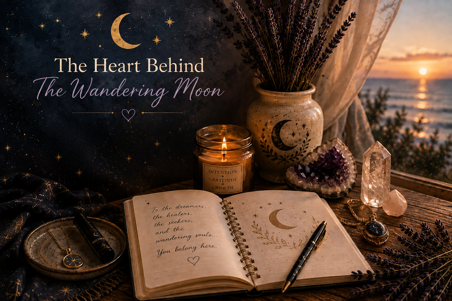 A cozy celestial-themed workspace with a candle, an open journal with handwritten text, a pen, jewelry, crystals, lavender, and a sunset view over the ocean in the background, all decorated with moon and star motifs.