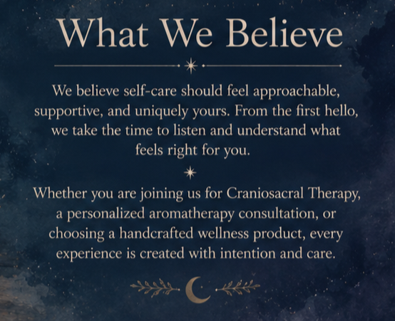Text about beliefs in self-care, therapy, aromatherapy, and wellness on a dark night sky background with stars, a moon, and decorative elements.