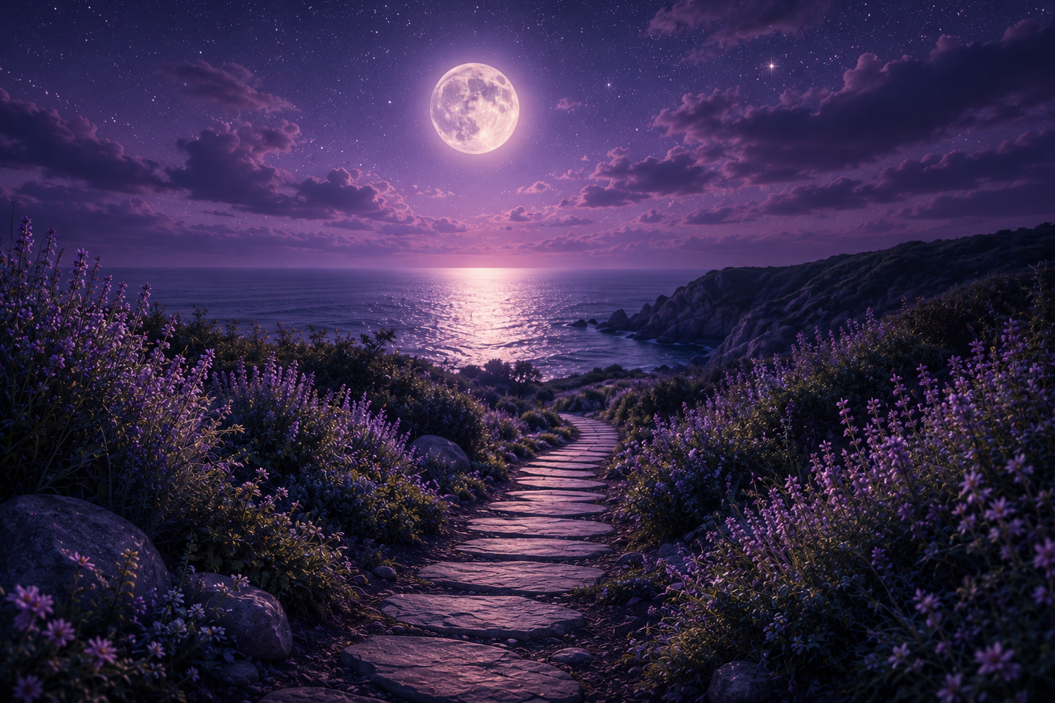 A nighttime scene of a stone pathway leading down to the ocean under a purple sky with a full moon and stars.