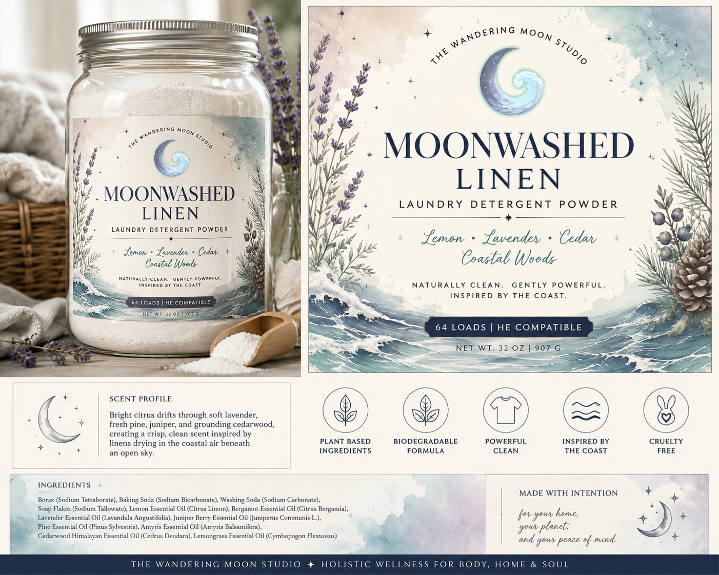 Label of Moonwashed Linen laundry detergent powder with scent profile of lemon, lavender, cedar, inspired by coastal woods, featuring illustrations of waves, lavender, pine cones, and a crescent moon.