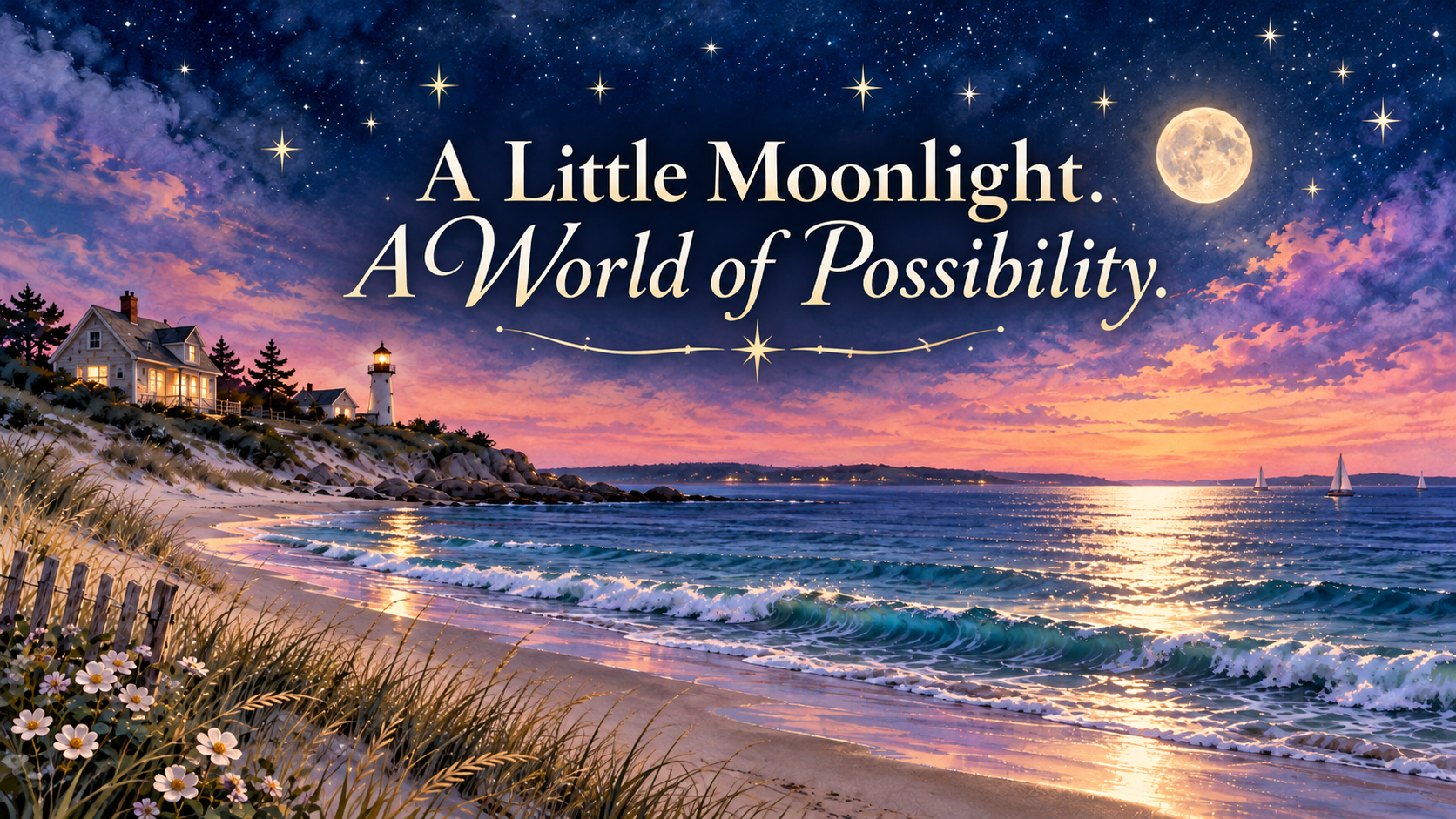A sunset or sunrise over the ocean, with a lighthouse and houses on a hill to the left, sailboats on the water, and a sky filled with stars and a bright full moon. Text overlay says, 'A Little Moonlight. A World of Possibility.'