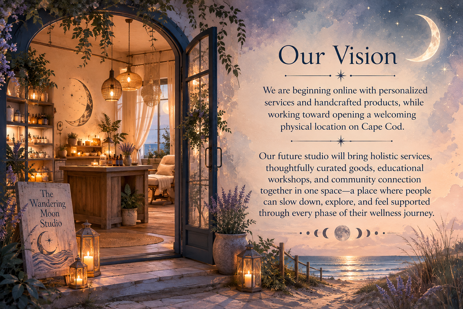 A cozy, softly lit studio interior with candles, houseplants, and a moon wall art, visible through an open door. The background features a beach sunset with a crescent moon, clouds, stars, and silhouettes of dunes and grasses, accompanied by a spiritual and peaceful ambiance.