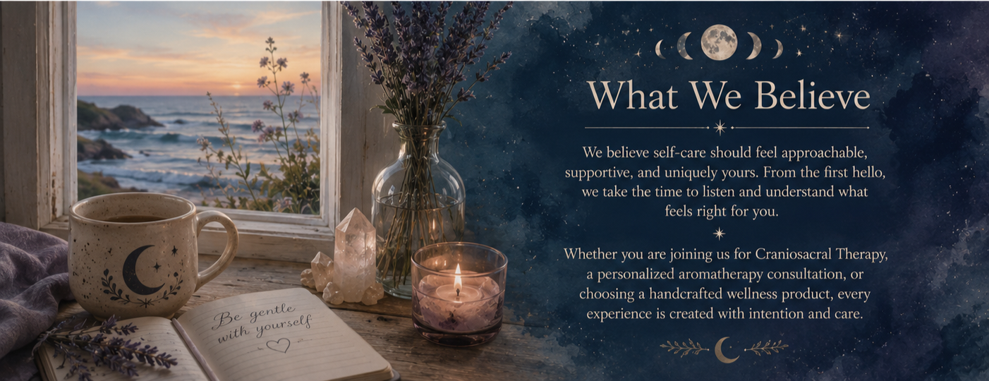 A cozy interior scene with a window showing a sunset over the ocean, a candle, a book with the phrase 'Be gentle with yourself', a mug with a moon and stars design, a vase with flowers, and crystals, with a blue starry night sky background containing text about self-care beliefs.