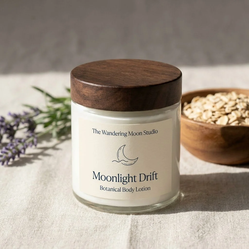 A jar of botanical body lotion labeled 'Moonlight Drift' from The Wandering Moon Studio, with a wooden bowl of grains and purple flowers in the background.
