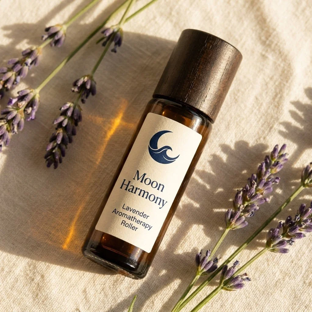 A small amber glass bottle labeled "Moon Harmony Lavender Aromatherapy Roller" is placed on a light-colored surface, surrounded by sprigs of fresh lavender flowers.