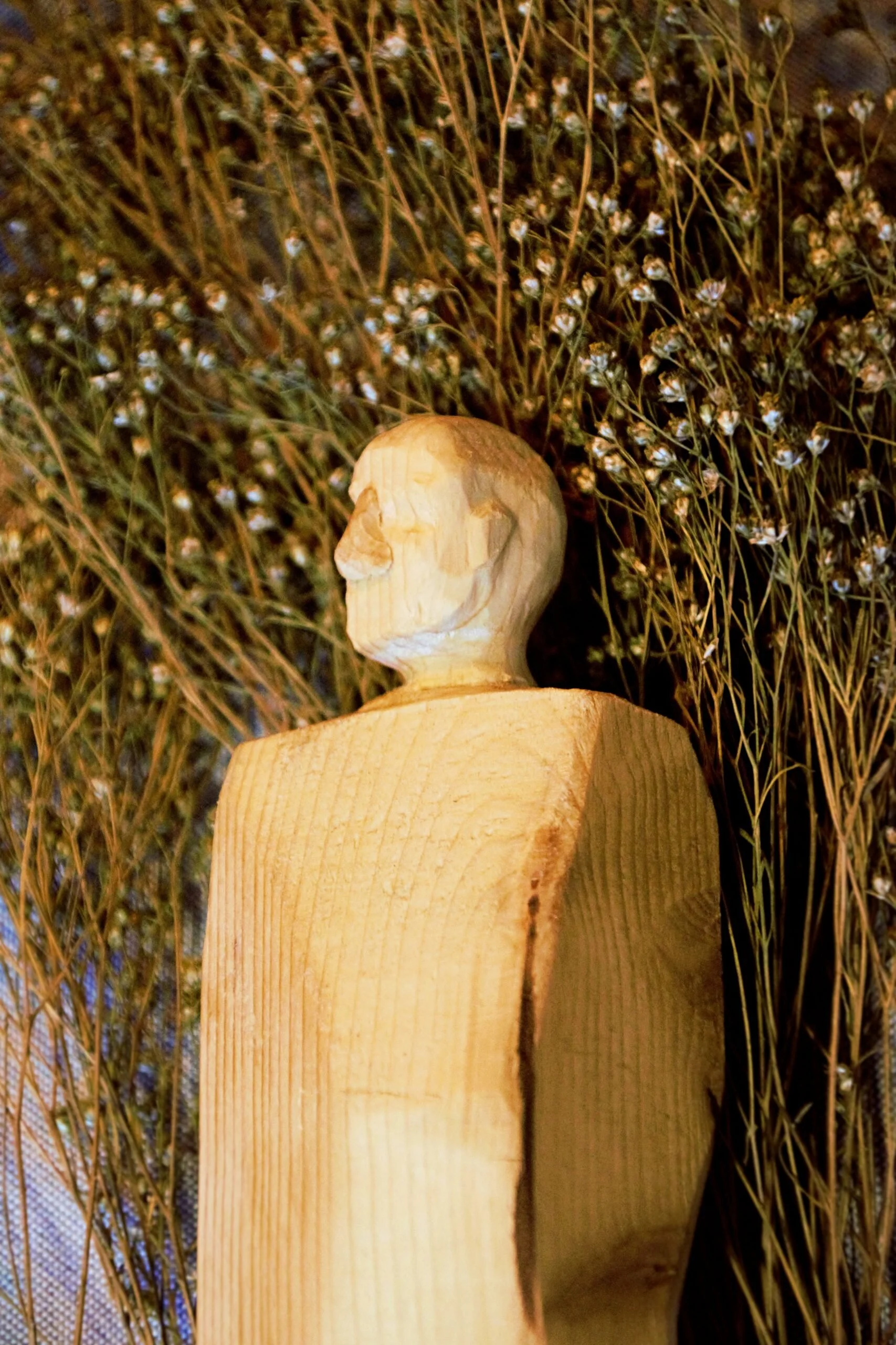 Close-up of a wooden mannequin with a carved face, standing in front of a dense background of tiny white and pink flowers with long stems.