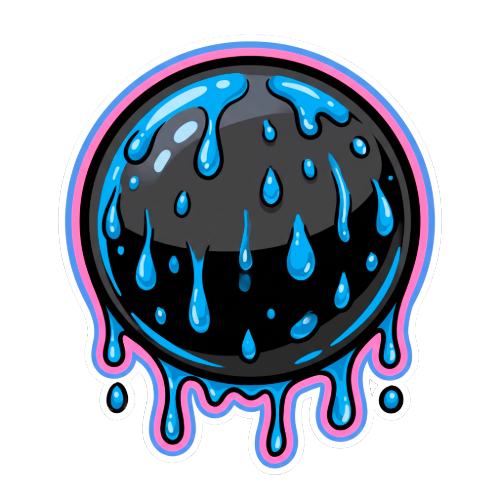 A black spherical object resembling a planet or asteroid dripping with blue liquid or slime, outlined with pink and white border.