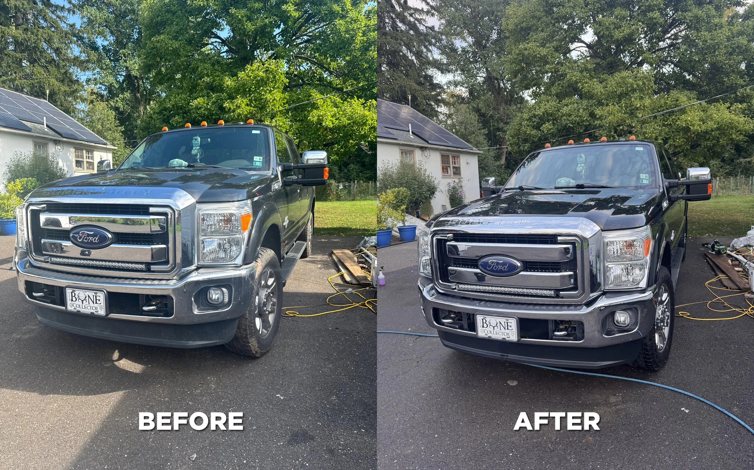 Side-by-side comparison of a black Ford pickup truck before and after a car wash. The "before" image shows the truck with dirt and grime, while the "after" image shows the truck clean and shiny. The background includes a house with solar panels on the roof, green trees, and a driveway with various items such as potted plants, hoses, and equipment.