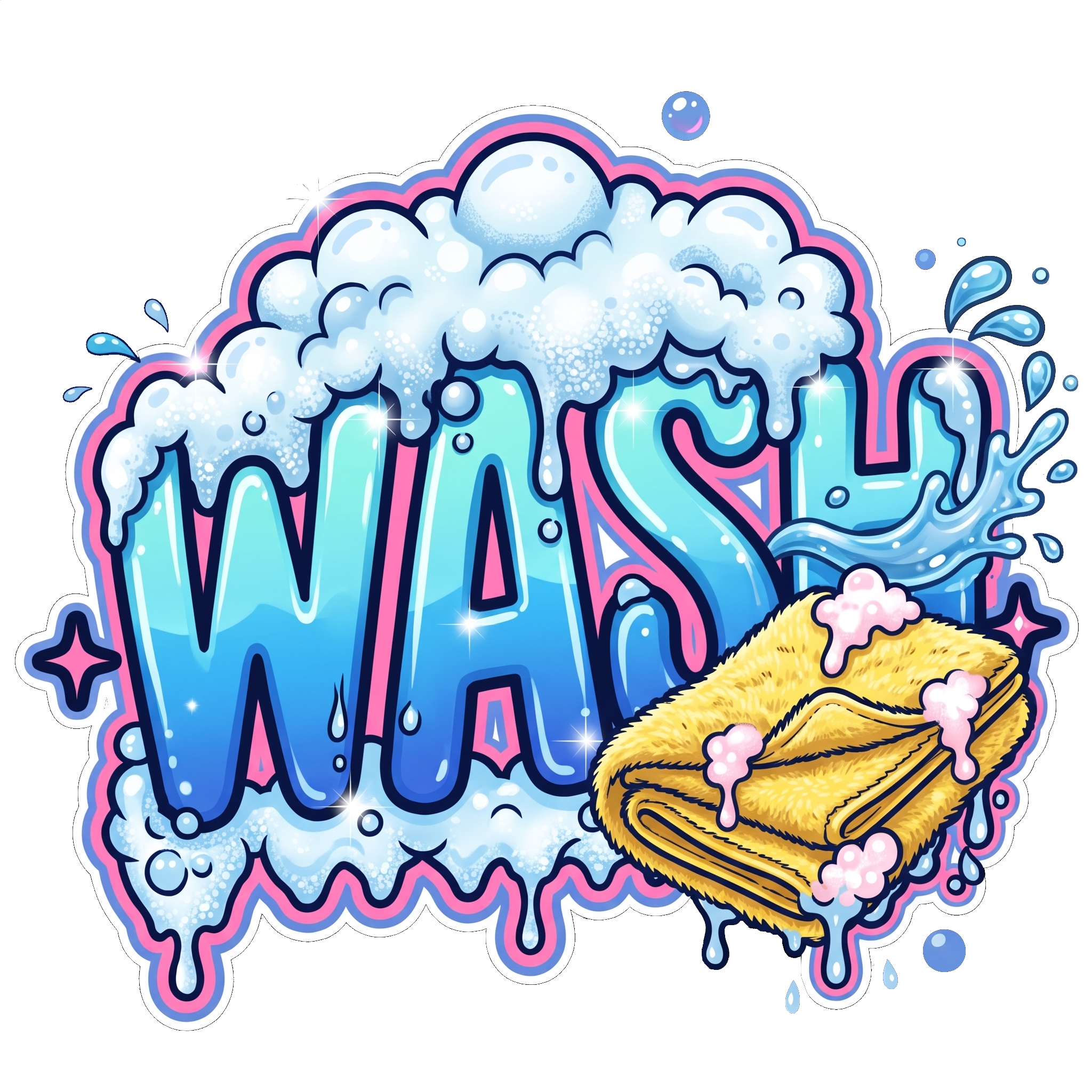 Colorful cartoon-style illustration of a bubble explosion with water splashes and bright highlights.