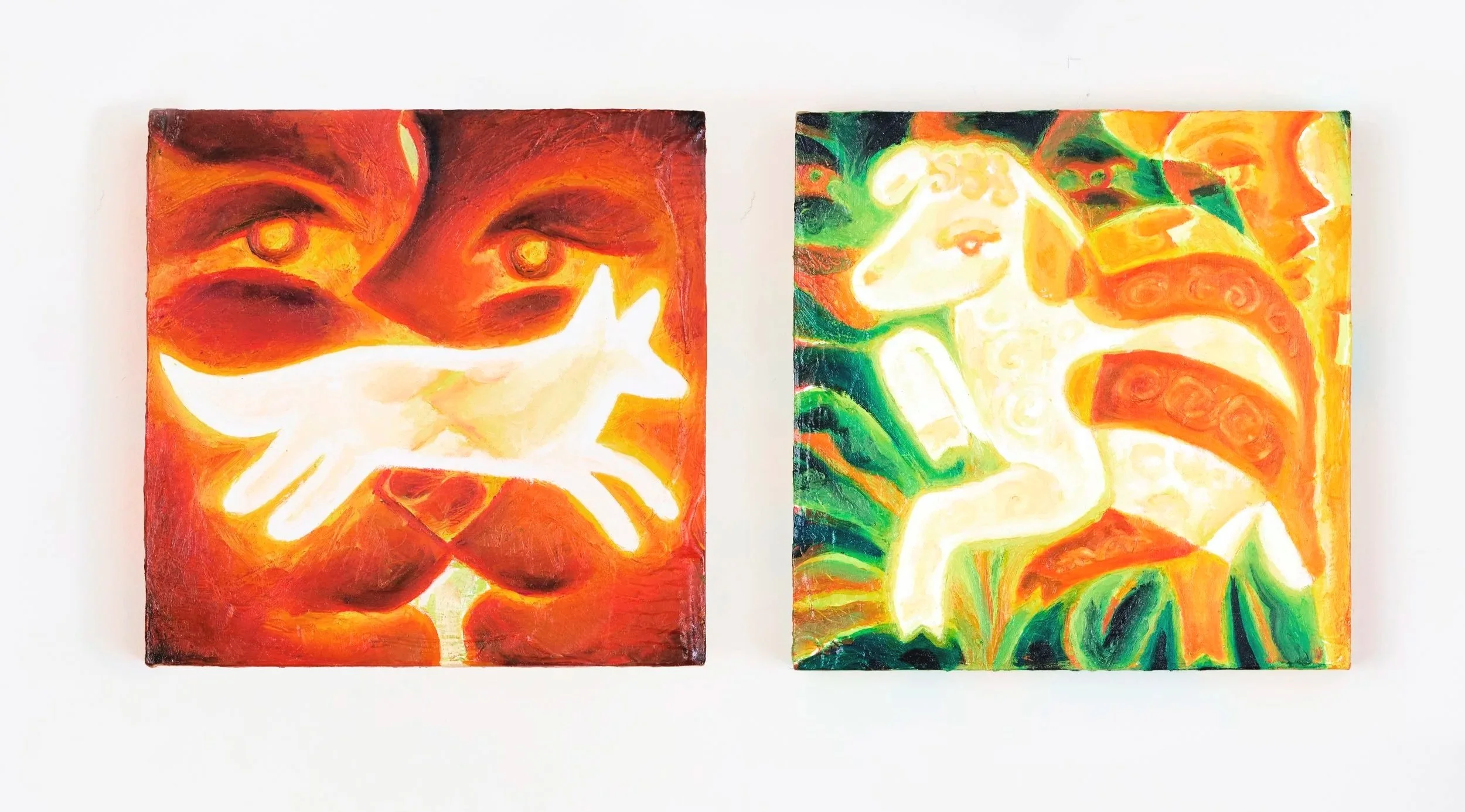  The dogs and the lamb/ 2024 / oil on wood/ cm. 20,3 x 20,3 / The Dogs was sold during Fight F/Light at Nil Gallery with Ingrid Lundgren photo ©Valentin Fougeray