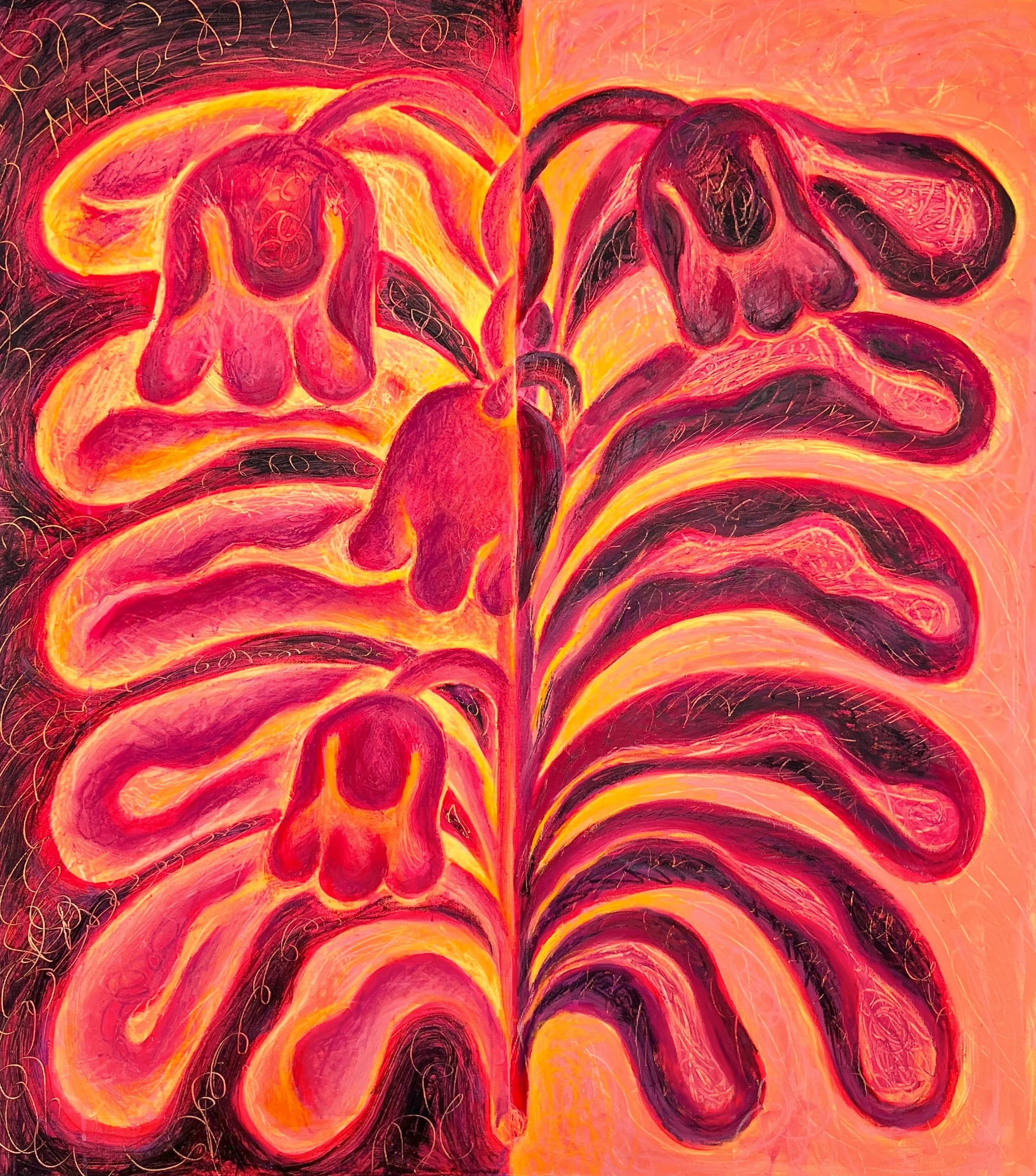 Sunset Flower/ pastels and oil painting on linen/ 2025/ cm. 93 x 84, in. 36,6 × 33,1, showcased at Galerie Zberro