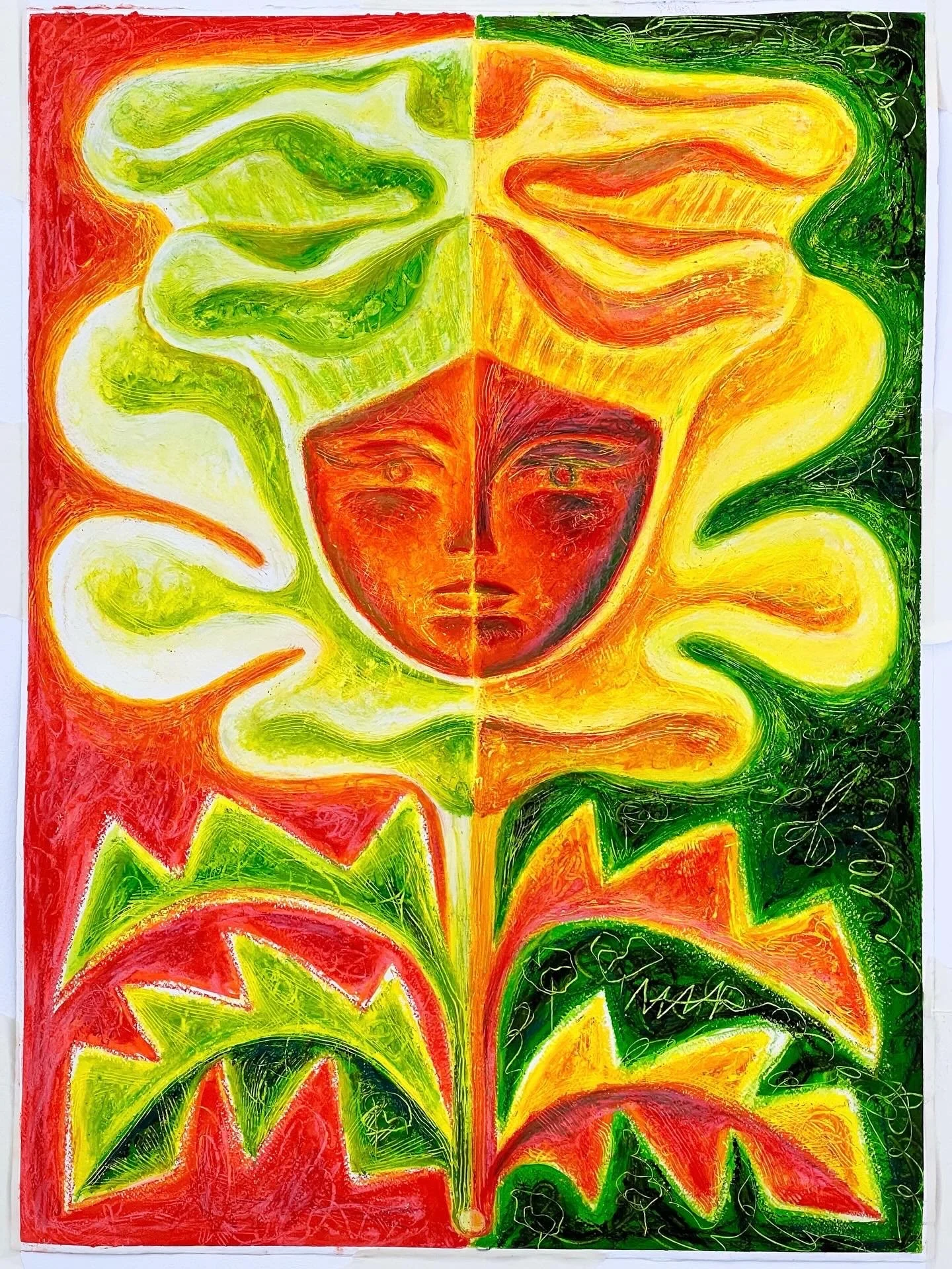Femme-fleur 1 /
oil painting and pastels on paper / 2025 / cm. 77x56,5, in. 30,3″ × 22,2″/ showcased at galerie Zberro