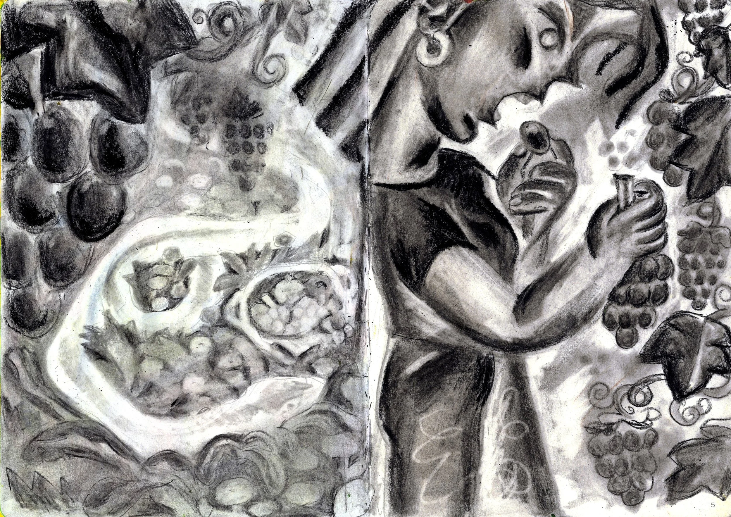 dessin au charbon, vignes raisin serpent