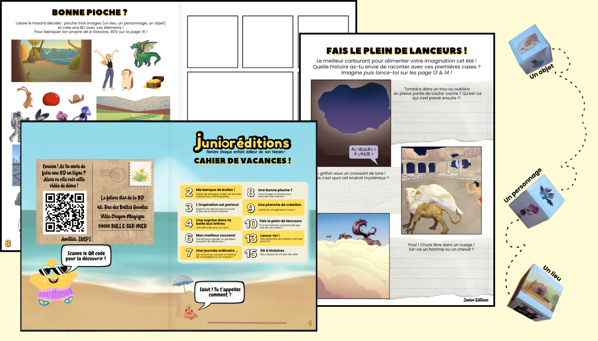 Extrait du cahier d'activités pour enfants : jeux imaginatifs avec animaux fantastiques, atelier BD, espace écriture et QR code exclusif.