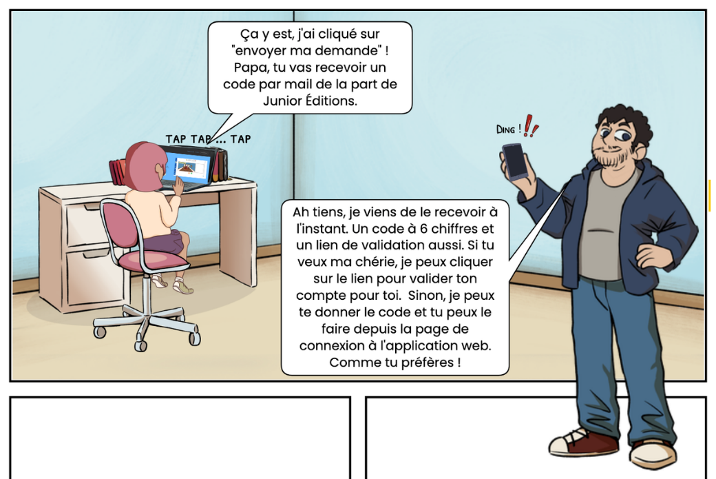 Un enfant utilisant un ordinateur pour envoyer une demande, un père recevant un code de validation sur son téléphone.