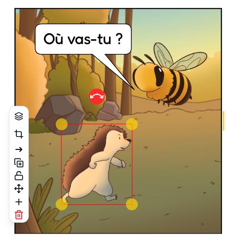 Barre d’outils d'édition d'images : scène avec un hérisson, une abeille et une bulle de texte.