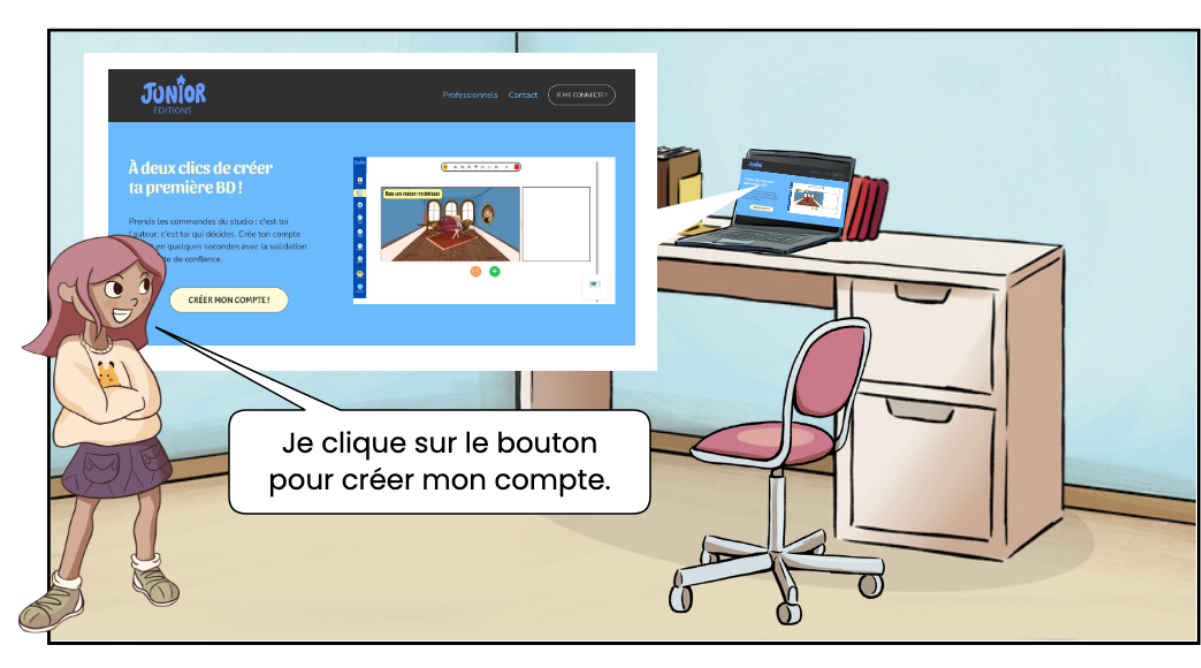 Une fille souriante avec des cheveux bruns, portant un t-shirt beige avec un chat orange, et une jupe violette, pointe vers un bouton à l'écran. L'écran affiche une interface pour créer un compte de type BD pour enfants. La scène se déroule avec un bureau, une chaise rose, un ordinateur portable, et quelques papiers.