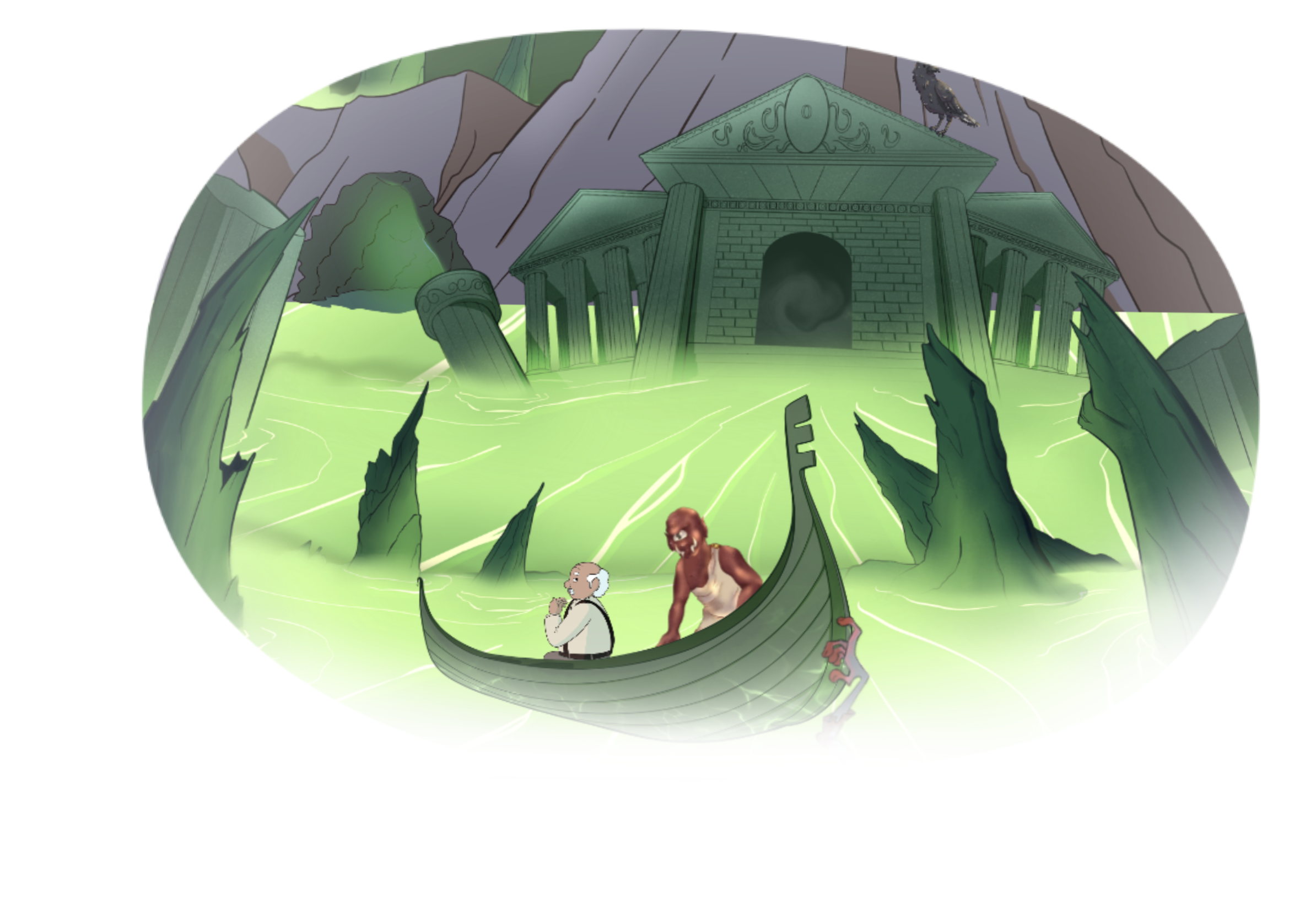 Une illustration d'une BD : un bâtiment ancien au style grec avec des colonnes, situé dans un environnement montagneux, entouré d'eau verte fluorescente. Deux personnages humanoïdes, un vieux monsieur piloté dans un bateau par un cyclops, naviguent.