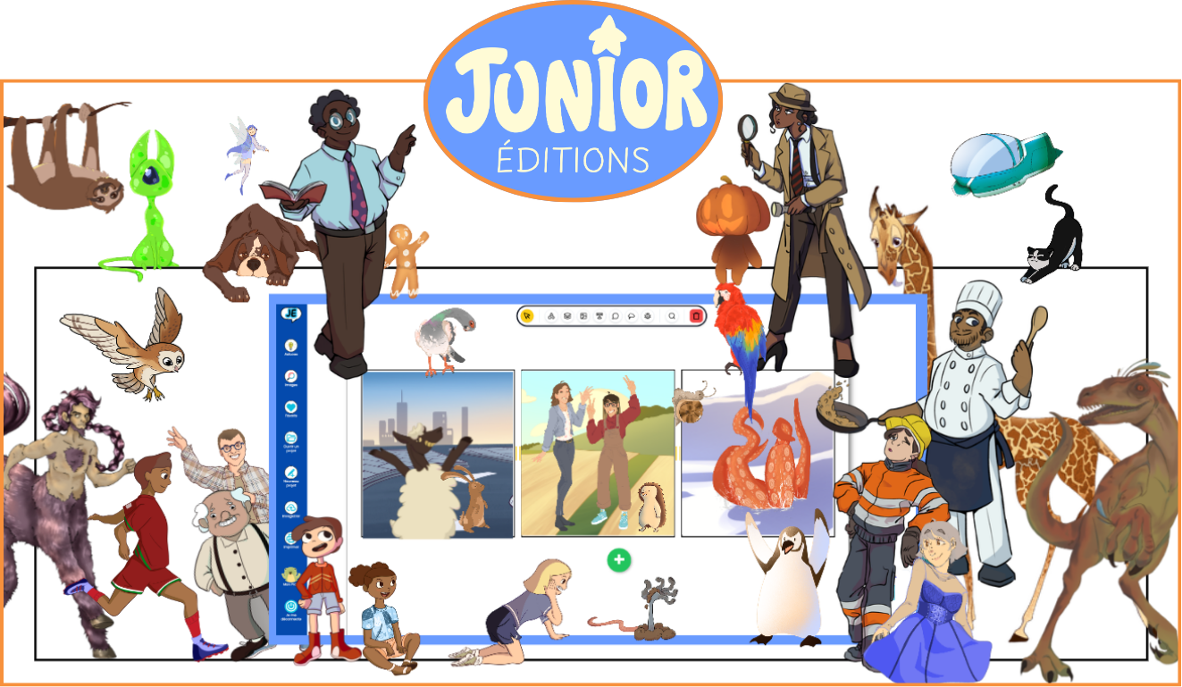 Illustration colorée avec le logo 'Junior Éditions' au centre, entourée de divers animaux, personnes, et objets dans un style cartoon. Parmi eux, un scientifique, un chef cuisinier, un enfant en train de courir, un explorateur, un enfant assis, un singe, un oiseau, un animal en peluche, et des animaux sauvages comme un giraf, un dinosaure, un dragon et un oiseau décoratif, dans un décor ludique.