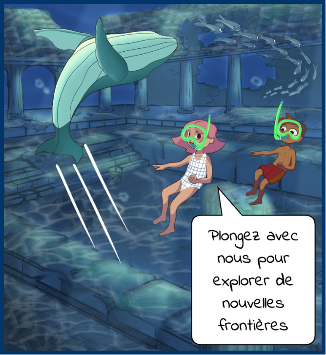Une case de BD : Deux enfants en combinaison de plongée explorent un océan avec un dauphin et d'autres poissons dans un environnement sous-marin.
