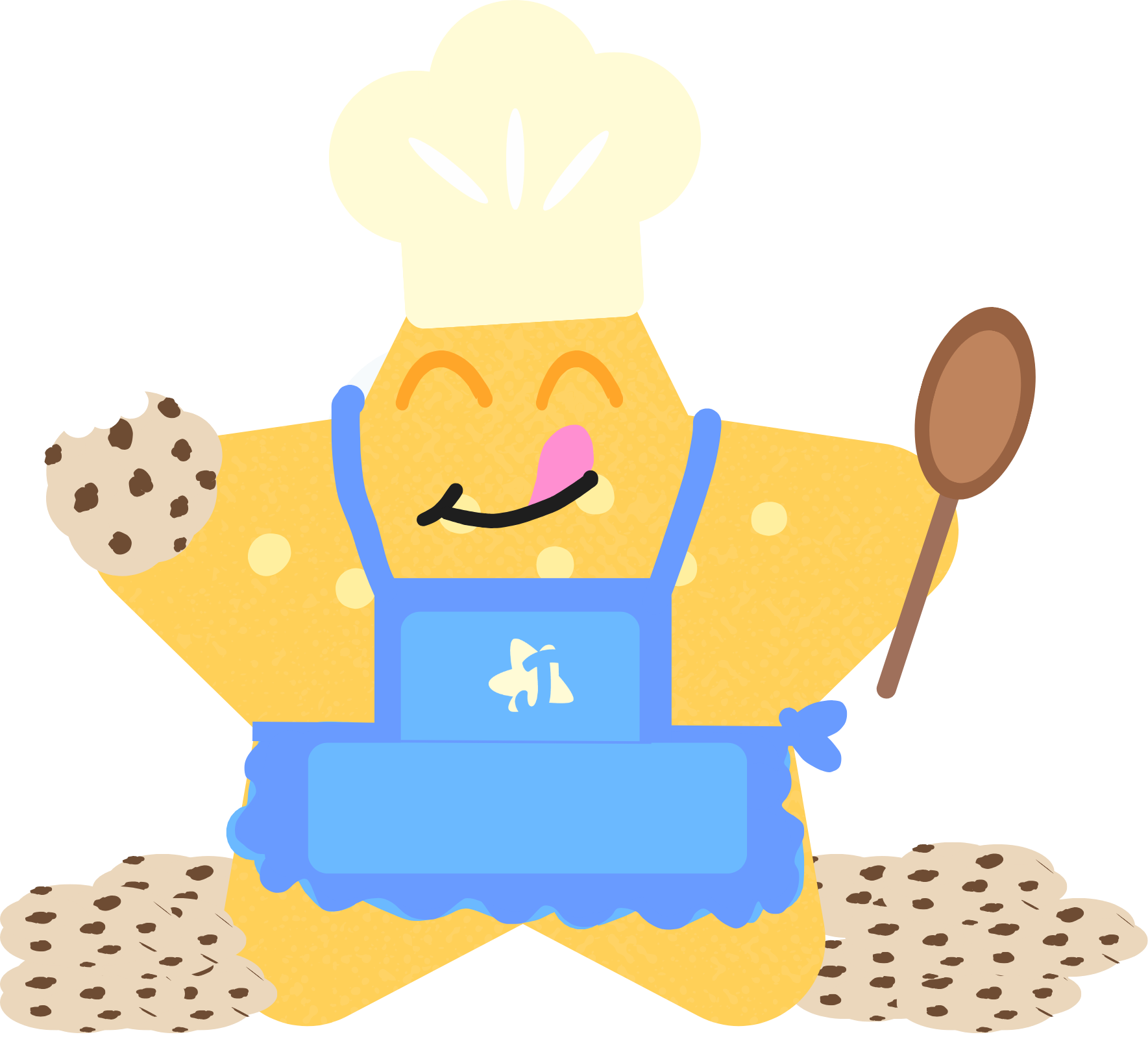 Une illustration du mascot Inspi en costume de chef cuisinier, portant un chapeau blanc, un tablier bleu avec un logo Junior Éditions, tenant une cuillère en bois dans une main et une cookie dans l'autre, avec un sol de cookies autour de ses pieds.