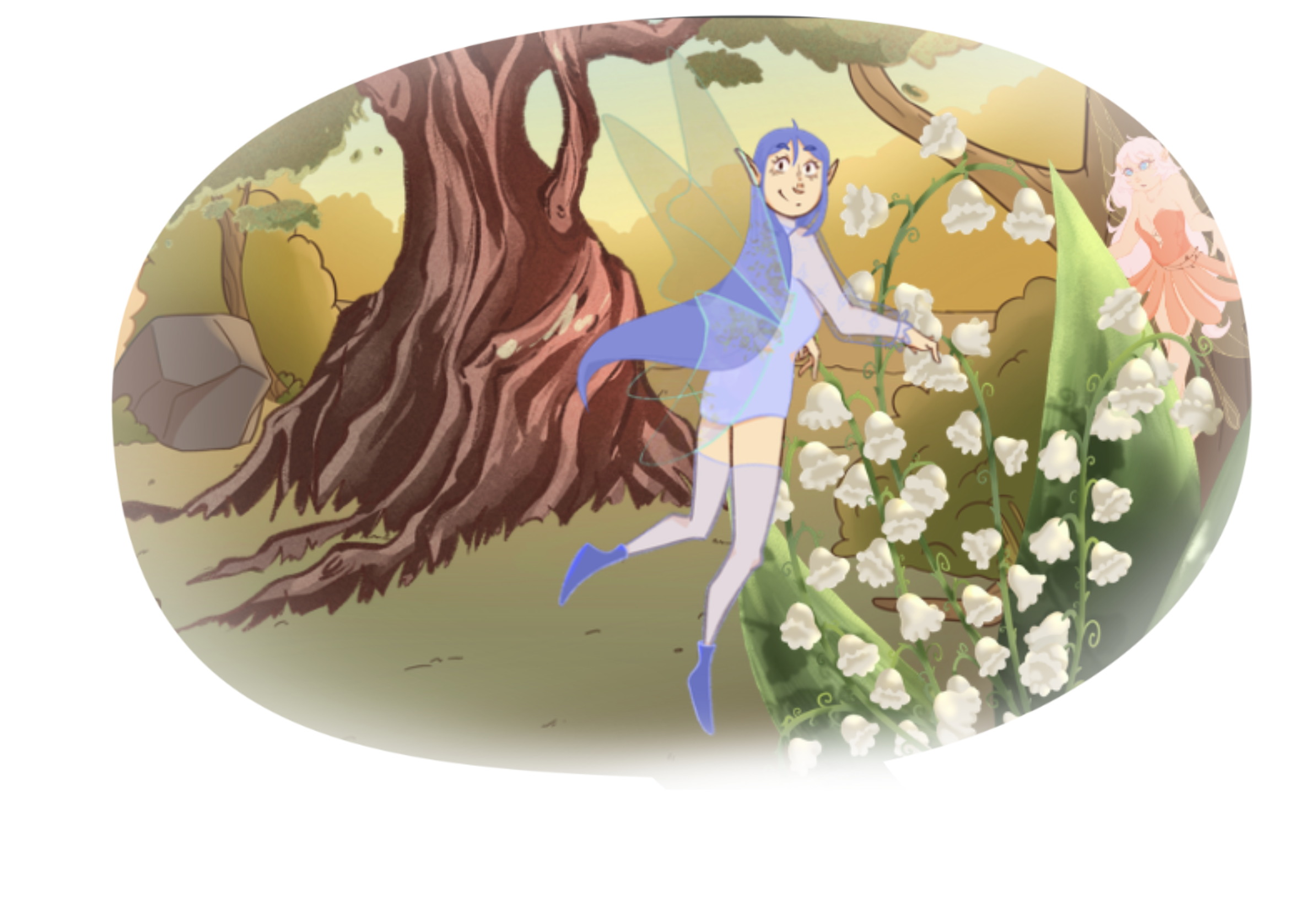 Une scène fantastique d'une illustration d'une BD : avec une fée à vêtements bleus, aux ailes translucides, qui vole parmi des arbres et des fleurs blanches en forme de cloche dans une forêt ensoleillée.