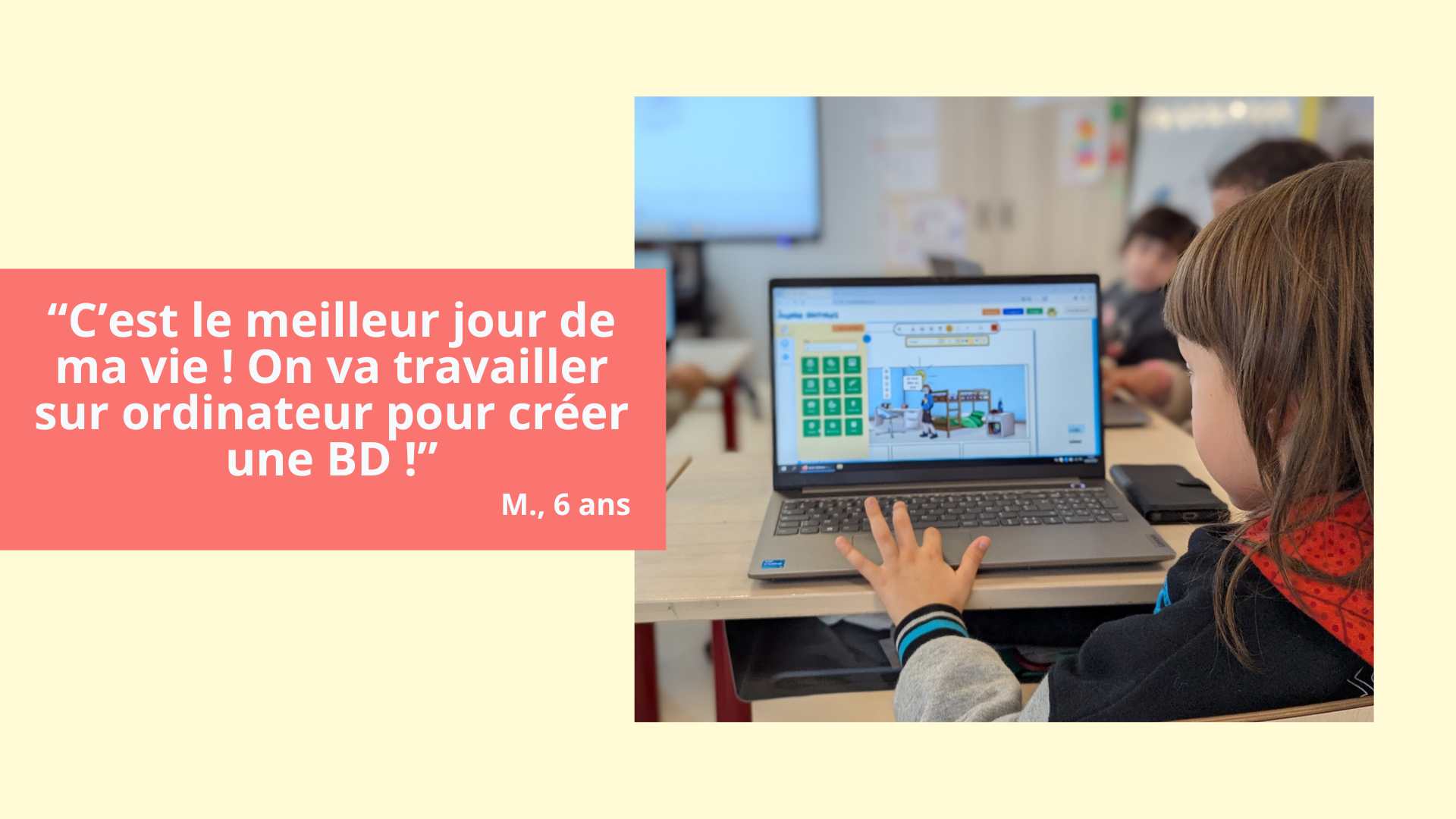Une jeune fille regarde un ordinateur dans une classe, avec un ordinateur portable ouvert affichant un jeu de BD.