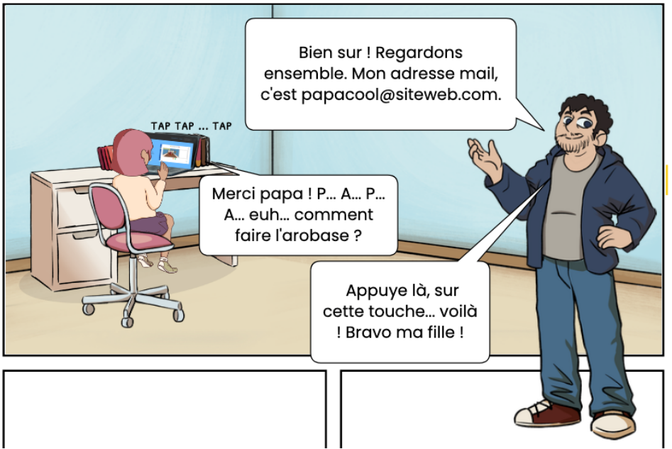 Une fille assise à un bureau crée son compte sur un ordinateur, son père l'attend et donne des instructions, avec des discours en français dans des bulles de dialogue.