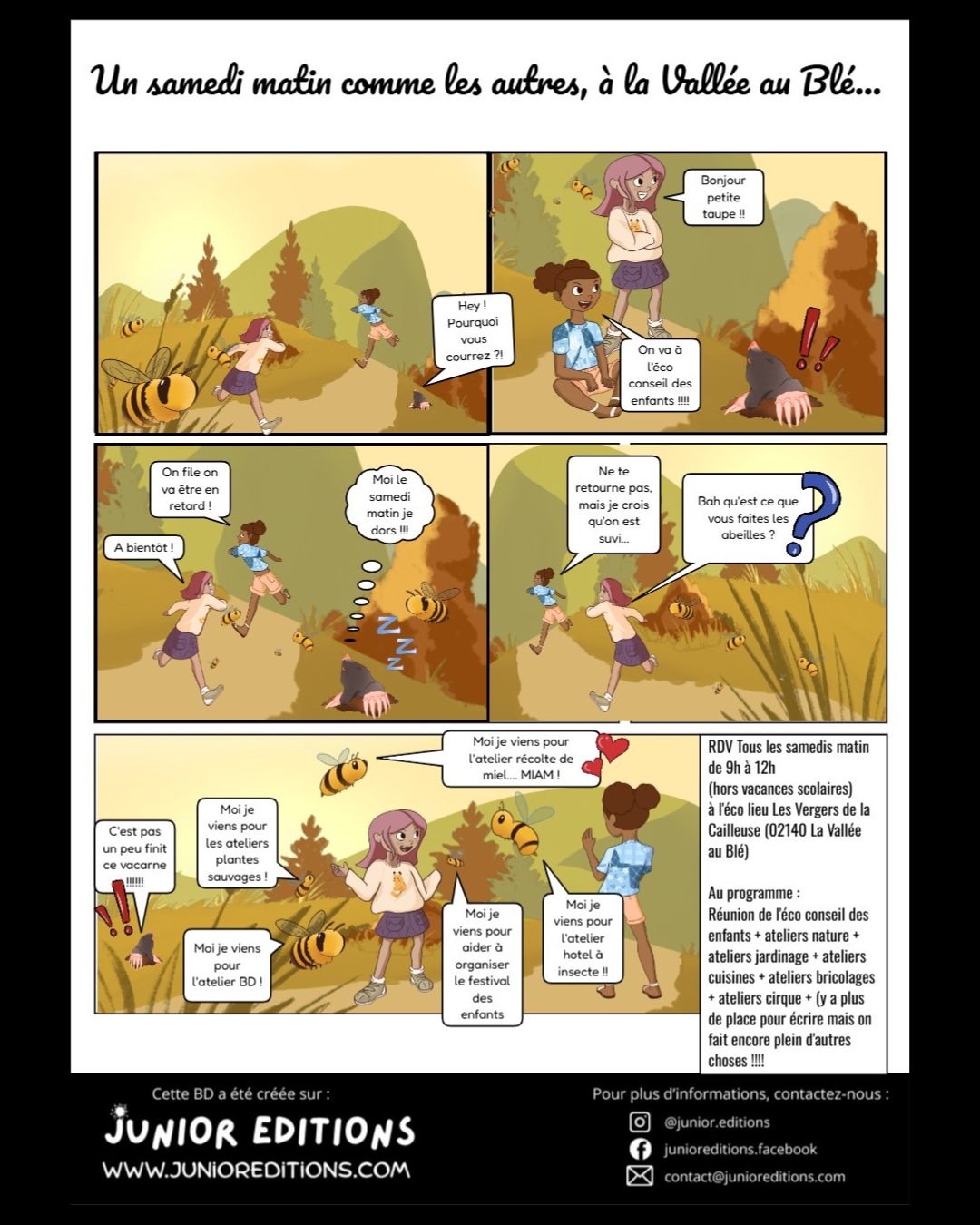 Une bande dessinée illustrant une matinée dans la vallée au Blé avec deux jeunes filles qui courent dans la nature, rencontrant des abeilles et discutant de leurs activités pour le samedi matin, avec des informations sur un atelier récolte de miel et d'autres ateliers pour enfants.