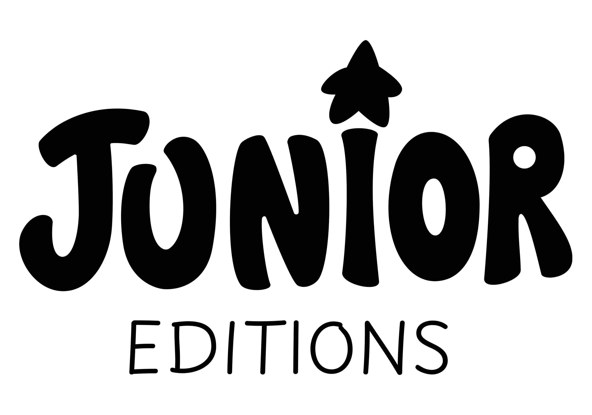 The black version of the Junior Editions logo with stylized, bold and fun text that says "Junior" with a thin "Junior" underneath. The dot of the 'I' is a stylized simple star.