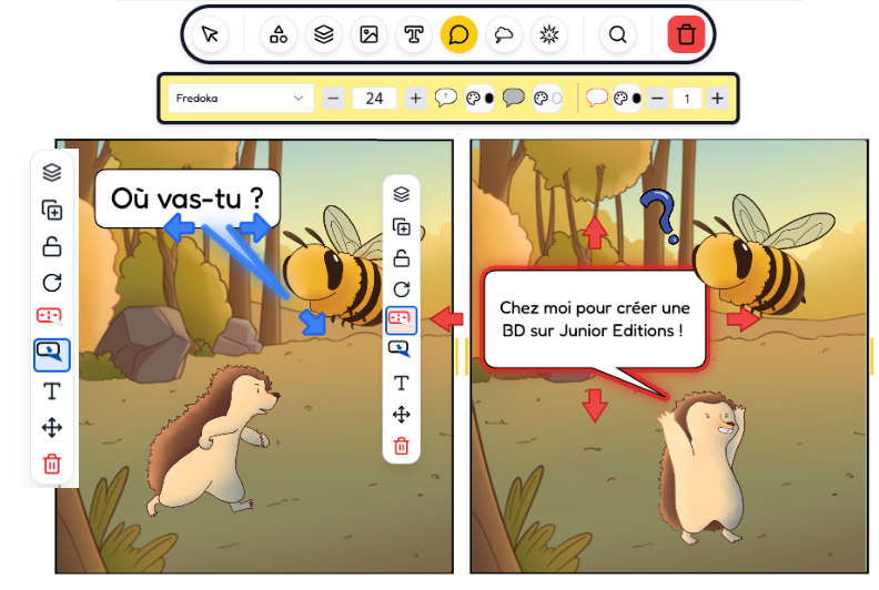 Démonstration des outils de texte BD : deux cases dans la forêt où un hérisson et une abeille discutent de Junior Editions dans des bulles de dialogue.